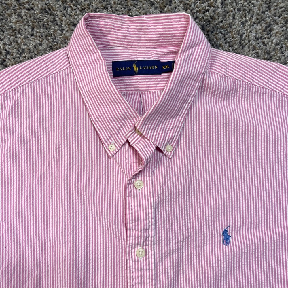 Ralph Lauren XXL Pink White Striped Seersucker Button Down Shirt Short Sleeve